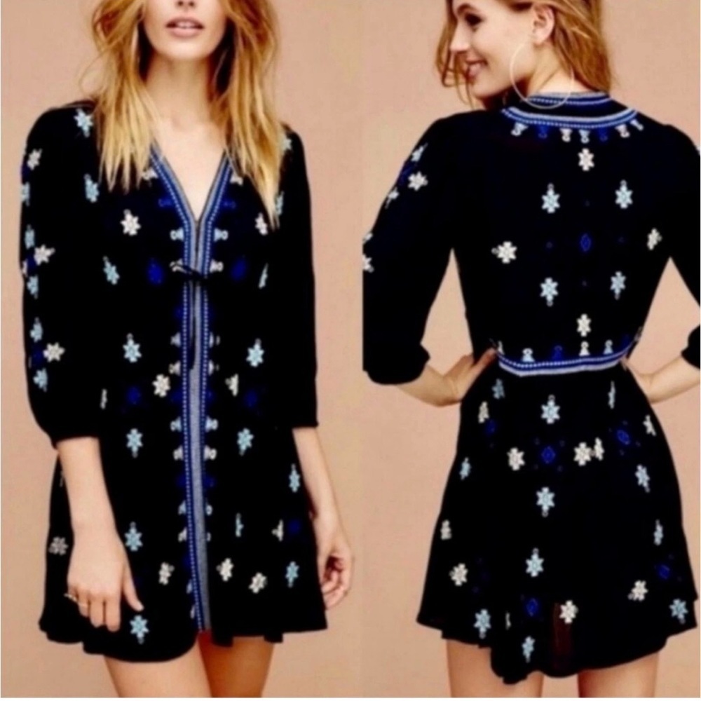 Free People Star Gazer Embroidered Peasant Dress Blue gauze fabric boho sz XS
